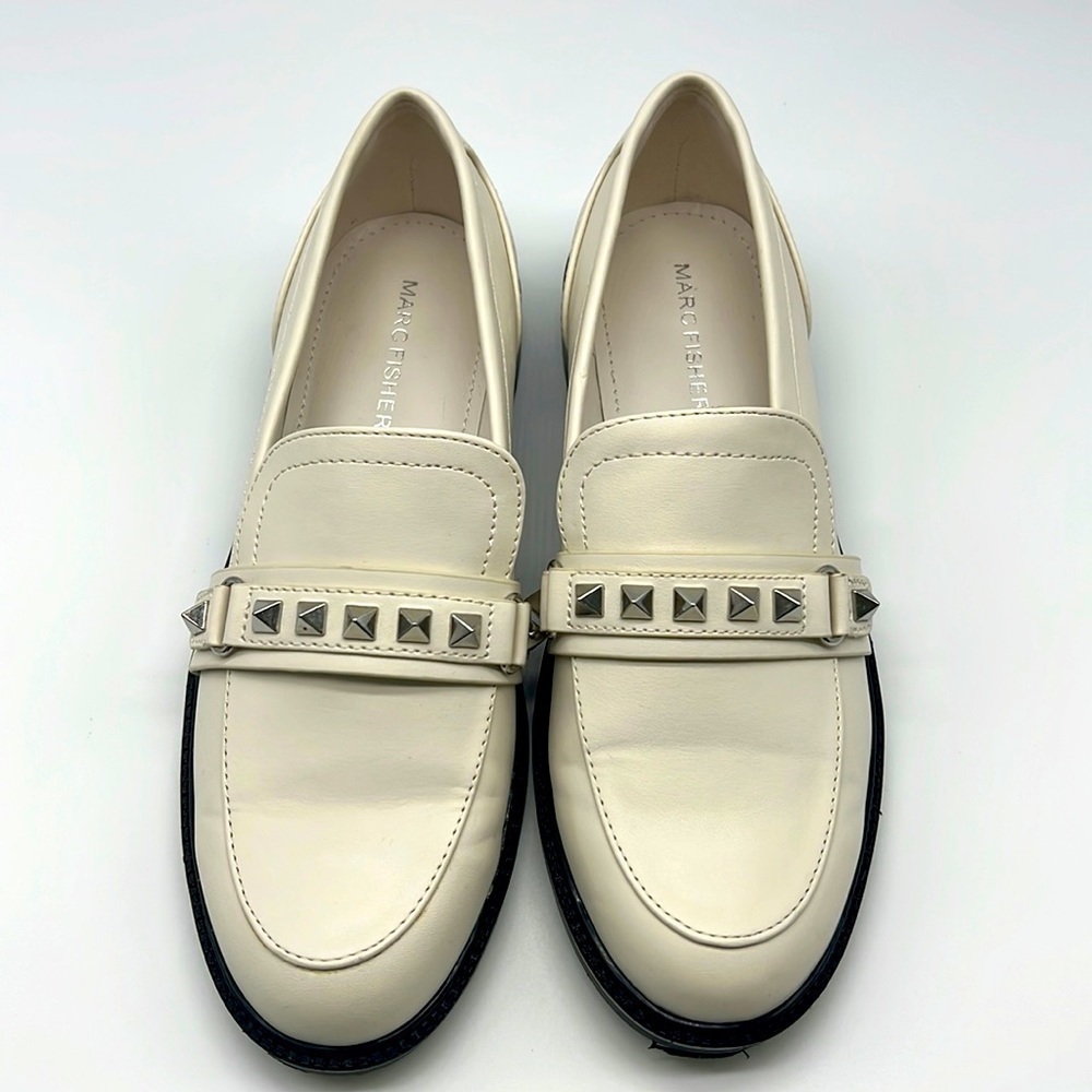 Marc Fisher - Hemmy White Leather With Silver Hardware Studs Slip On Loafers 6.5